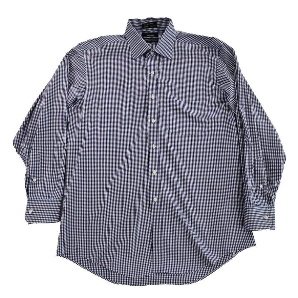 Black Saks Fifth Avenue Men's Shirt‎ 16 1/2 - 34/35 Navy Blue Gingham EUC 2-Ply